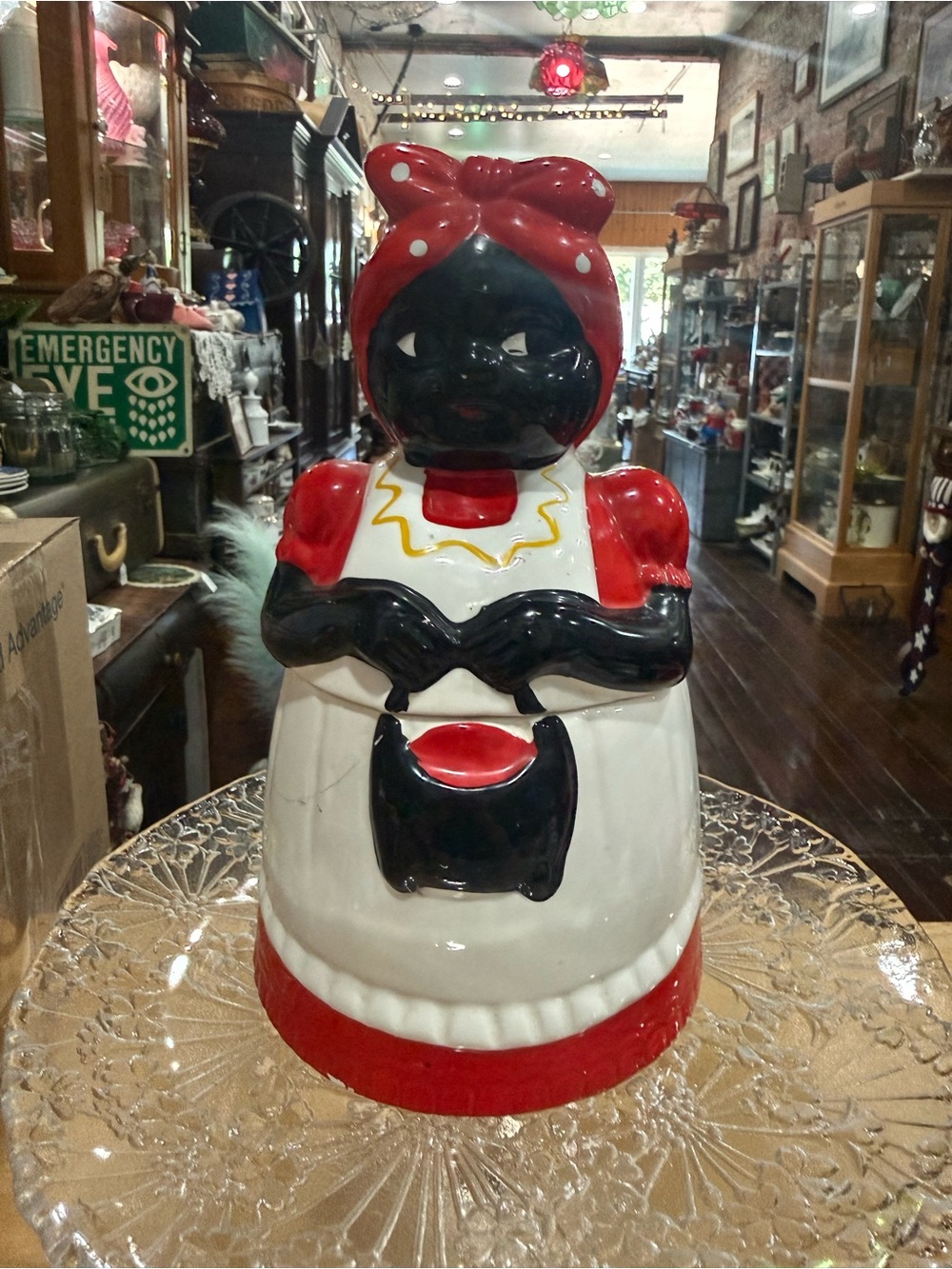 Vintage Ceramic Black Figurine Cookie Jar in Red and White